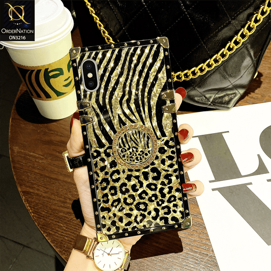 iPhone XS / X Cover - Design 1 - Trendy Stripes Pattern Golden Square Case With Matching Bling Ring Holder