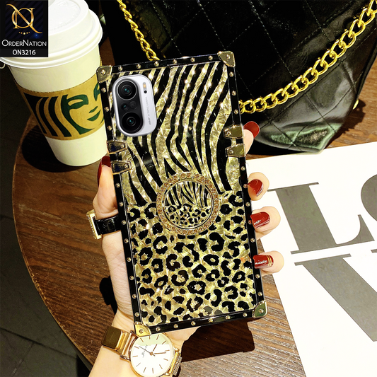 Xiaomi Redmi K40 Cover - Design 1 - Trendy Stripes Pattern Golden Square Case With Matching Bling Ring Holder