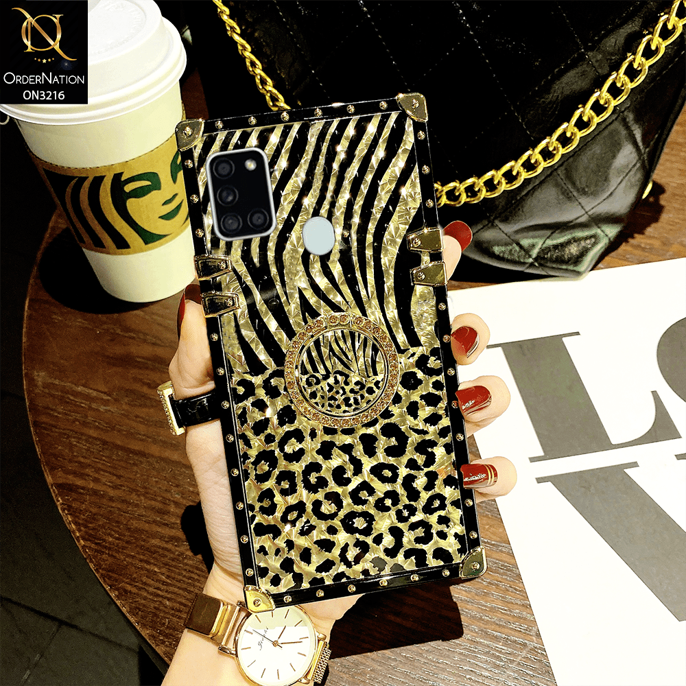 Samsung Galaxy A21s Cover - Design 1 - Trendy Stripes Pattern Golden Square Case With Matching Bling Ring Holder