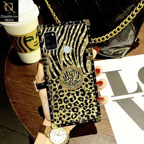 Samsung Galaxy A21s Cover - Design 1 - Trendy Stripes Pattern Golden Square Case With Matching Bling Ring Holder