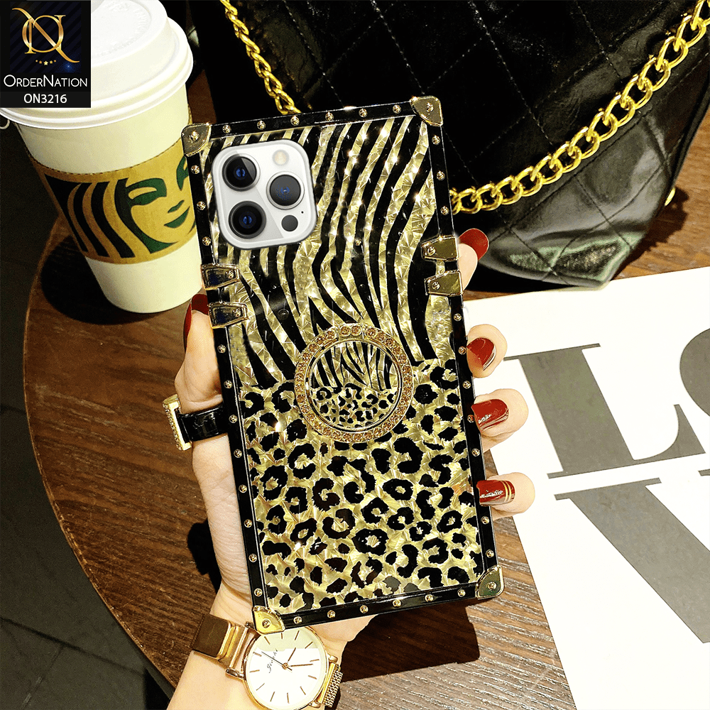 iPhone 12 Pro Cover - Design 1 - Trendy Stripes Pattern Golden Square Case With Matching Bling Ring Holder