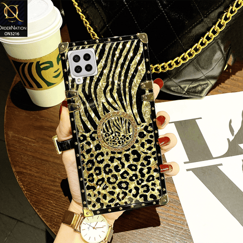 Samsung Galaxy A12 Cover - Design 1 - Trendy Stripes Pattern Golden Square Case With Matching Bling Ring Holder