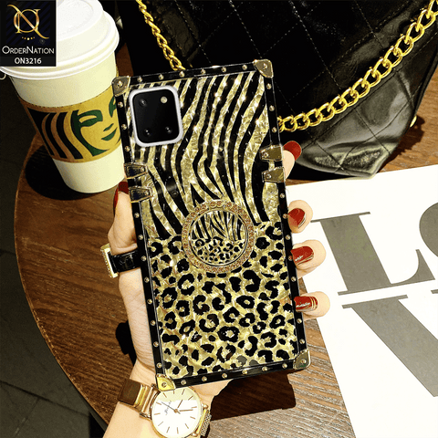 Samsung Galaxy A81 Cover - Design 1 - Trendy Stripes Pattern Golden Square Case With Matching Bling Ring Holder