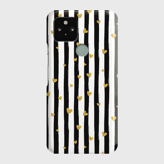 Google Pixel 5 XL Cover - Trendy Black & White Lining With Golden Hearts Printed Hard Case with Life Time Colors Guarantee