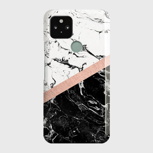 Google Pixel 5 XL Cover - Black & White Marble With Chic RoseGold Strip Case with Life Time Colors Guarantee