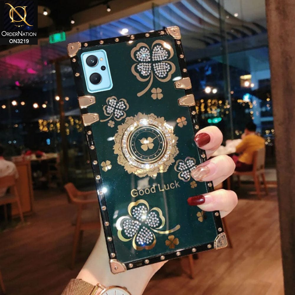 Realme 9i Cover - Green - Square Bling Diamond Glitter Soft TPU Trunk Case with Ring Holder