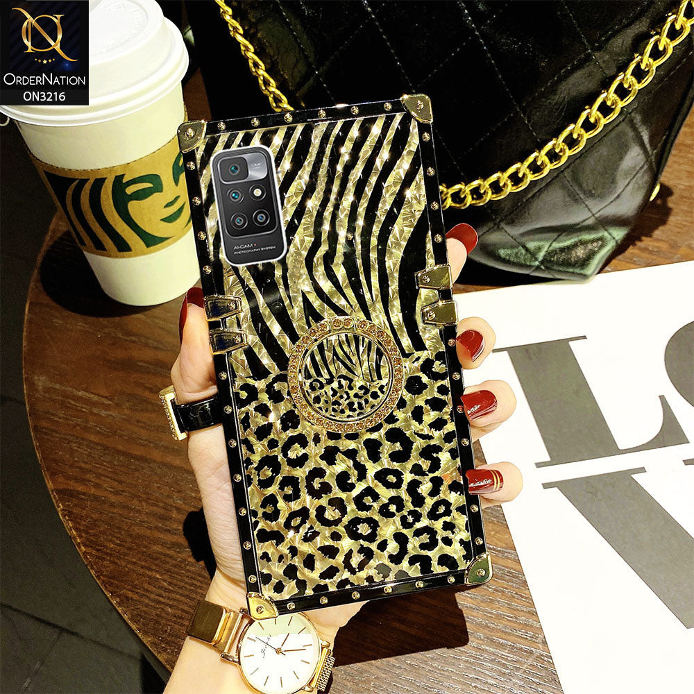 Xiaomi Redmi 10 Cover - Design1 - Trendy Stripes Pattern Golden Square Case With Matching Bling Ring Holder