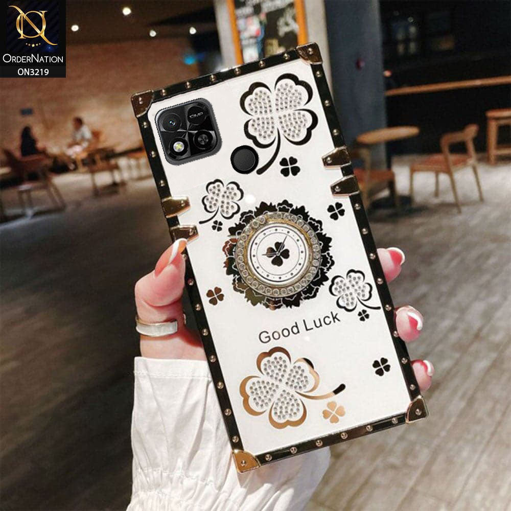 Xiaomi Redmi 9C Cover - Ash White - Square Bling Diamond Glitter Soft TPU Trunk Case with Ring Holder