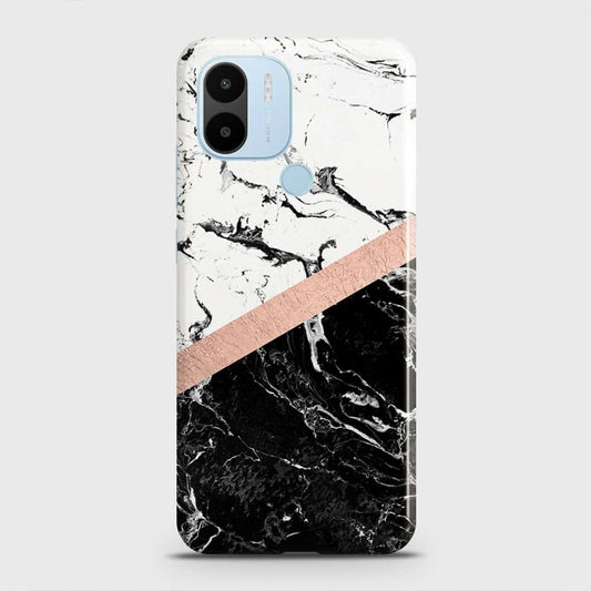 Xiaomi Redmi A1 Plus Cover - Black & White Marble With Chic RoseGold Strip Case with Life Time Colors Guarantee