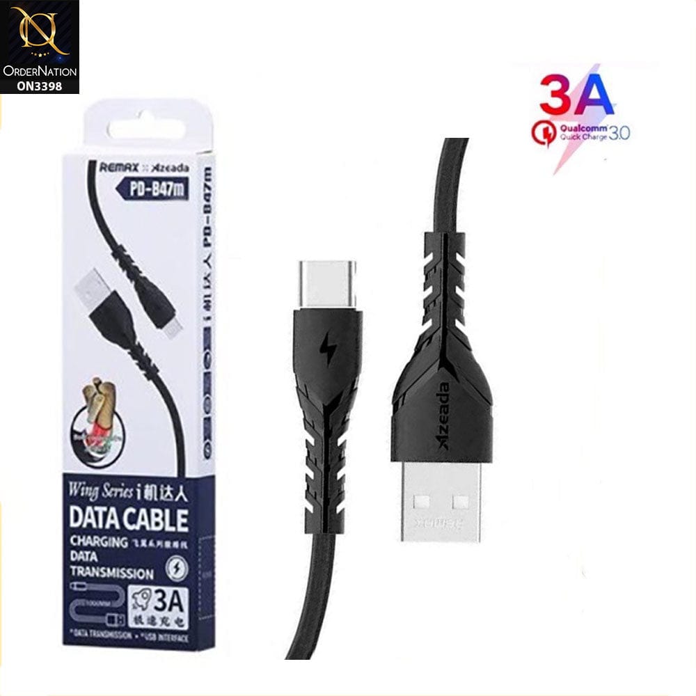 Black - 1M - Type-C - Remax PD-B47A Type-C Wing Series Fast Charging Cable