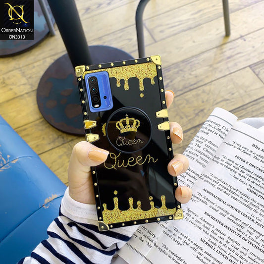 Xiaomi Redmi 9T Cover - Black - Golden Electroplated Luxury Square Soft TPU Protective Case with Holder