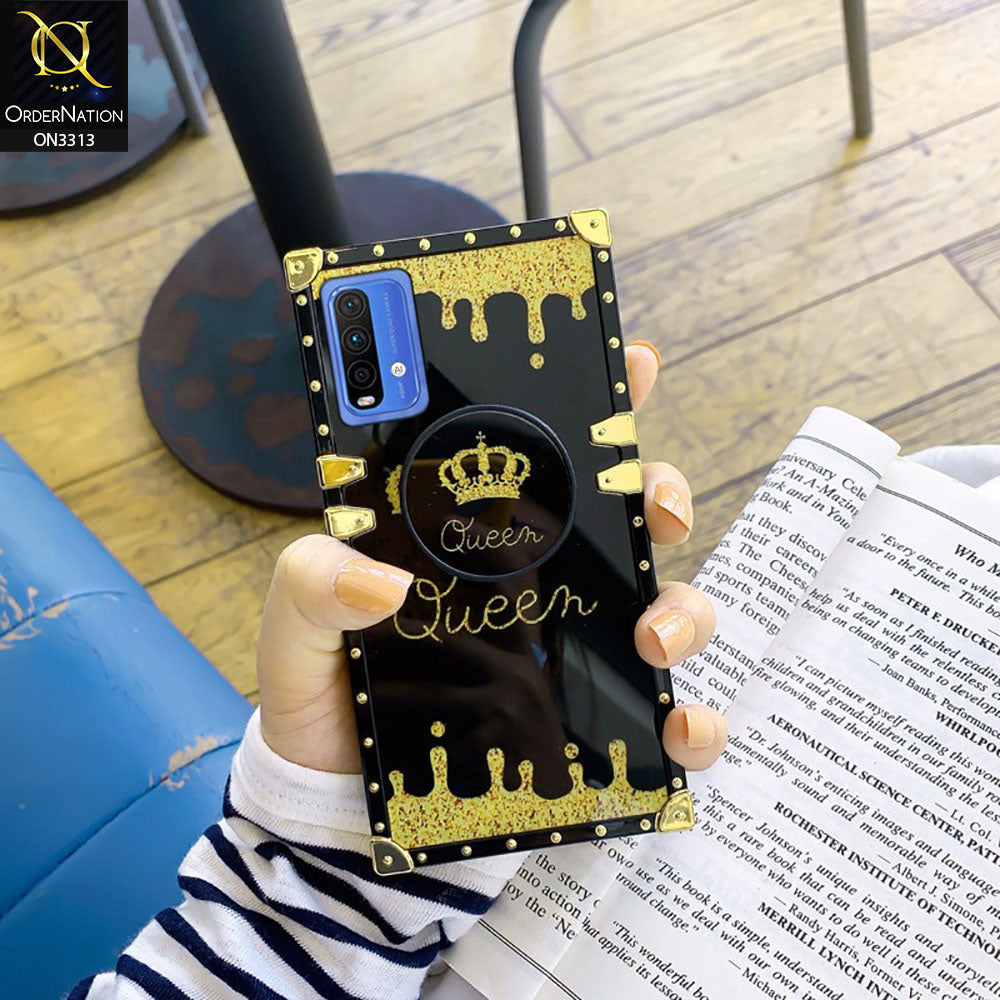 Xiaomi Redmi Note 9 4G Cover - Black - Golden Electroplated Luxury Square Soft TPU Protective Case with Holder