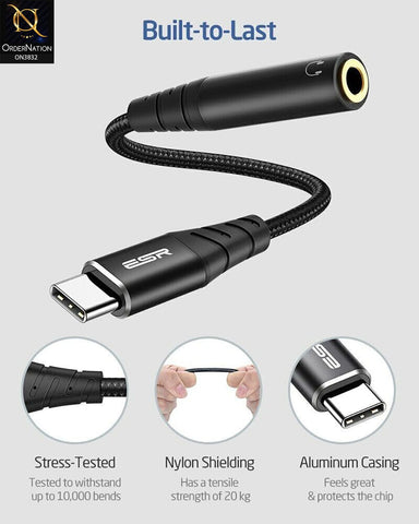 Black - ESR USB C to 3.5mm Jack AUX Headphone Adapter Audio Cable Type C Converter