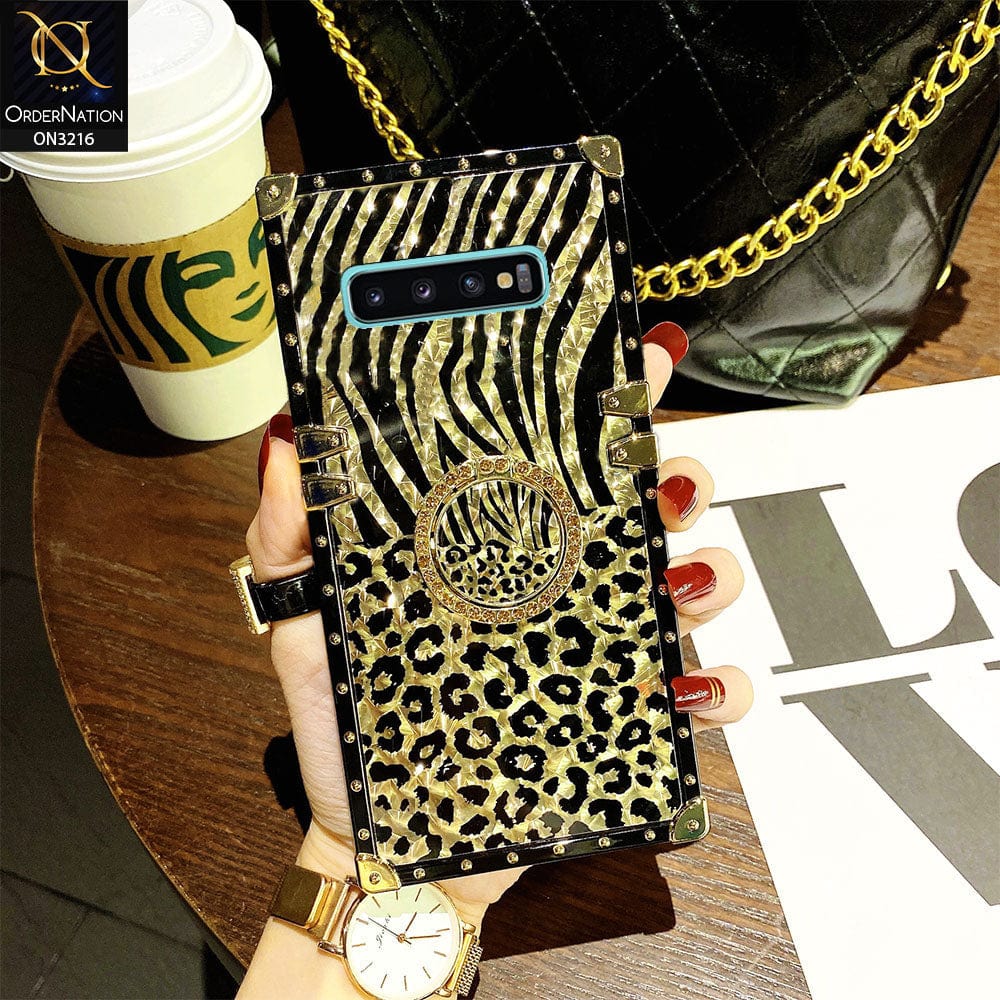 Samsung Galaxy S10 Plus Cover - Design1 - Trendy Stripes Pattern Golden Square Case With Matching Bling Ring Holder