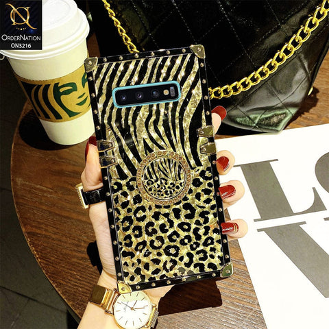 Samsung Galaxy S10 Plus Cover - Design1 - Trendy Stripes Pattern Golden Square Case With Matching Bling Ring Holder