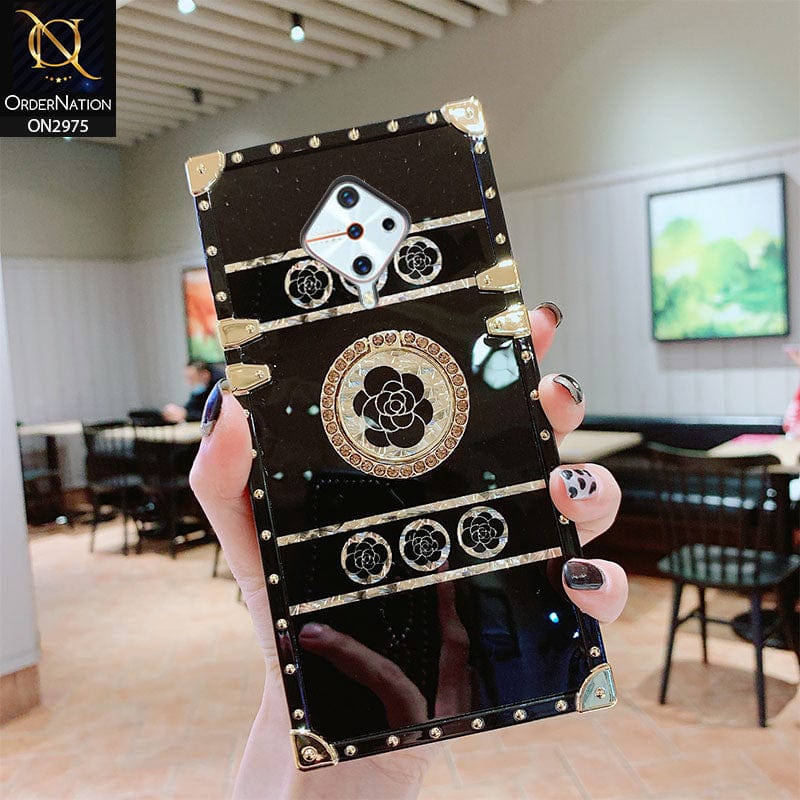 Vivo Y51 (2020 September) Cover - Design 1 - 3D illusion Gold Flowers Soft Trunk Case With Ring Holder