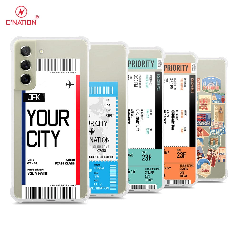 Samsung Galaxy S21 FE Cover - Personalised Boarding Pass Ticket Series - 5 Designs - Clear Phone Case - Soft Silicon Borders