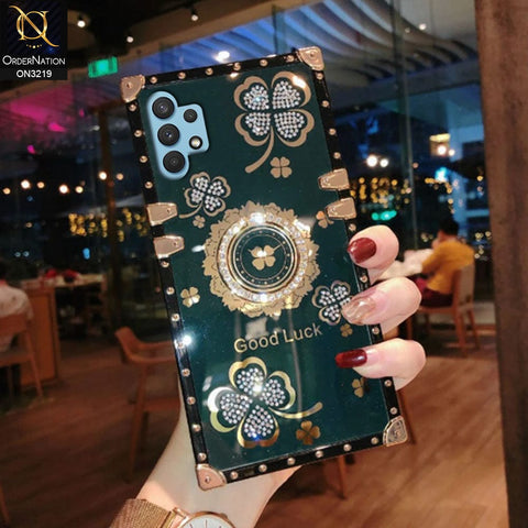 Samsung Galaxy A32 Cover - Green - Square Bling Diamond Glitter Soft TPU Trunk Case with Ring Holder