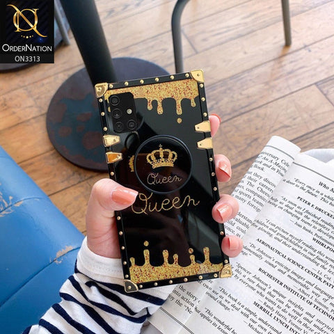 Samsung Galaxy A71 Cover - Black - Golden Electroplated Luxury Square Soft TPU Protective Case with Holder