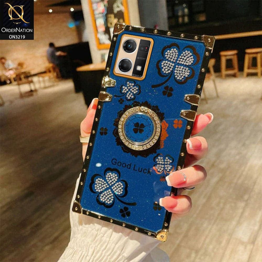 Oppo F21 Pro 4G Cover - Blue - Square Bling Diamond Glitter Soft TPU Trunk Case with Ring Holder