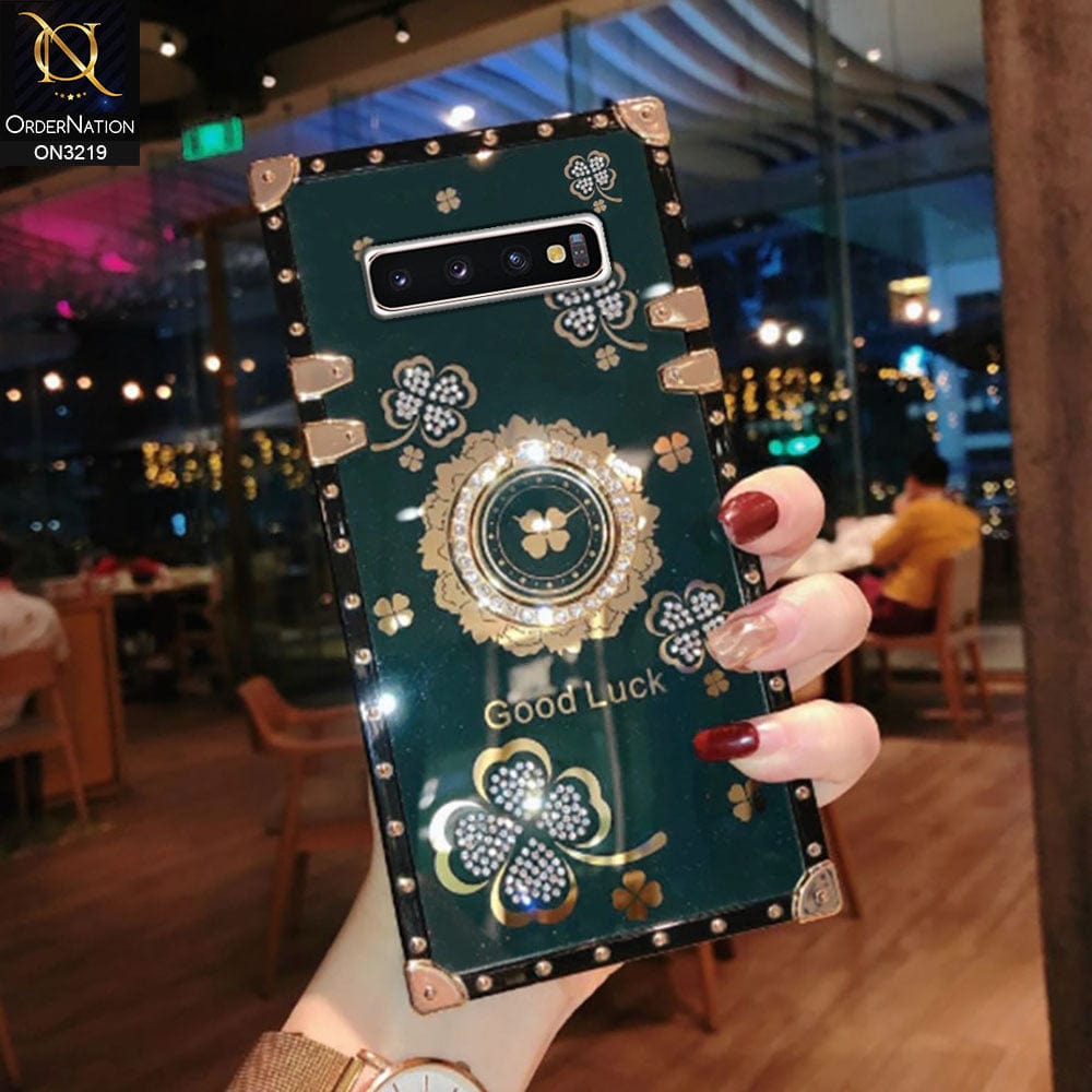 Samsung Galaxy S10 Plus Cover - Dark Green - Square Bling Diamond Glitter Soft TPU Trunk Case with Ring Holder