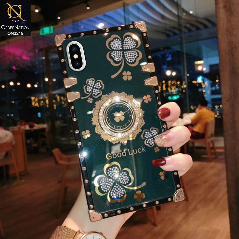 iPhone XS / X Cover - Green - Square Bling Diamond Glitter Soft TPU Trunk Case with Ring Holder