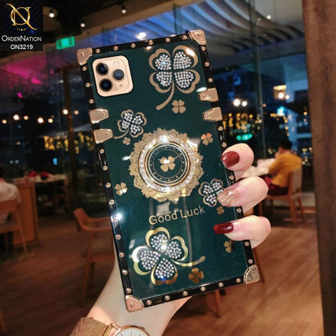 iPhone 11 Pro Max Cover - Green - Square Bling Diamond Glitter Soft TPU Trunk Case with Ring Holder