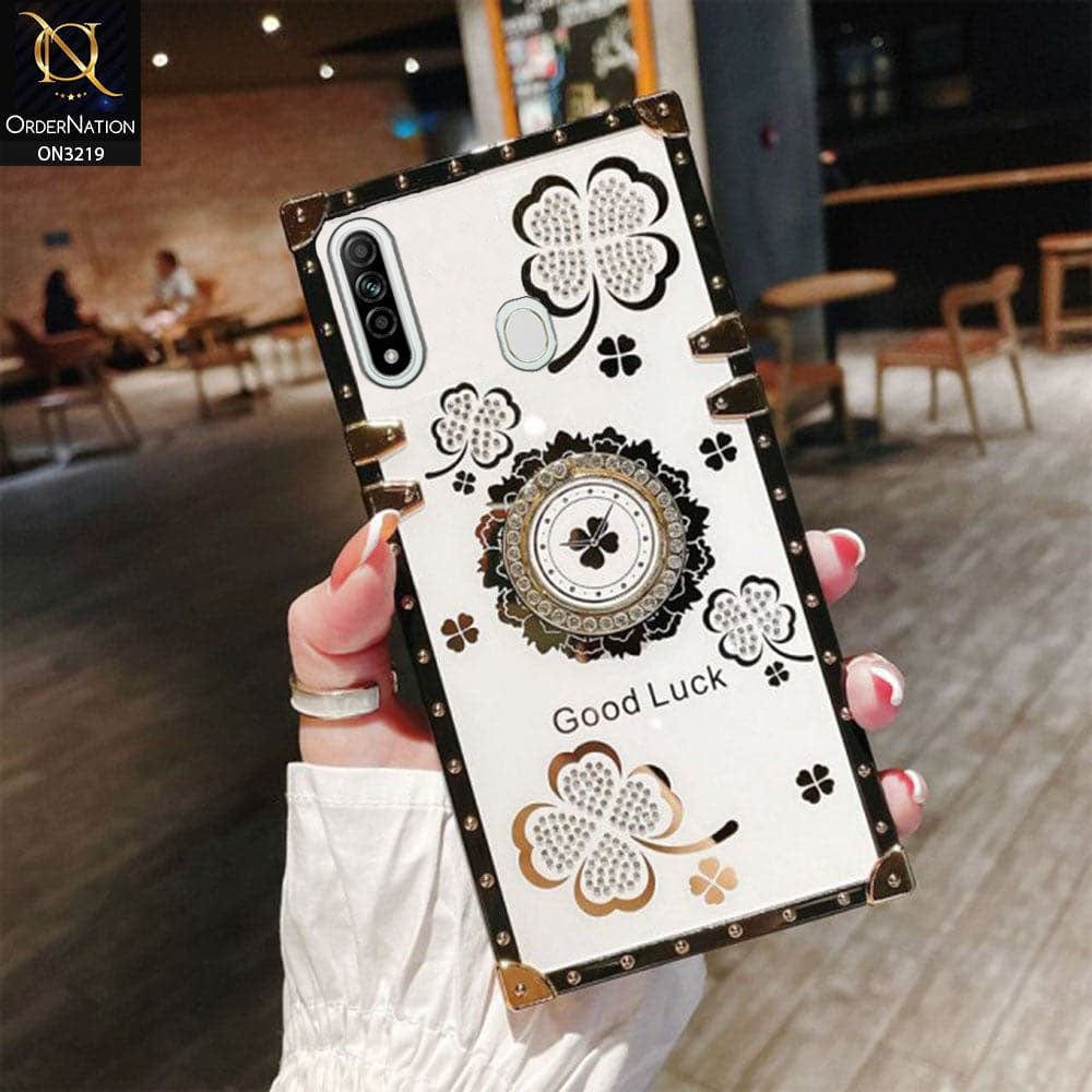 Oppo A8 Cover - Ash White - Square Bling Diamond Glitter Soft TPU Trunk Case with Ring Holder