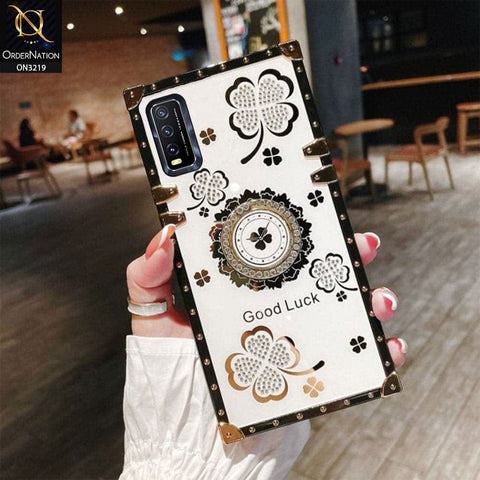 Vivo Y12s Cover - Ash White - Square Bling Diamond Glitter Soft TPU Trunk Case with Ring Holder