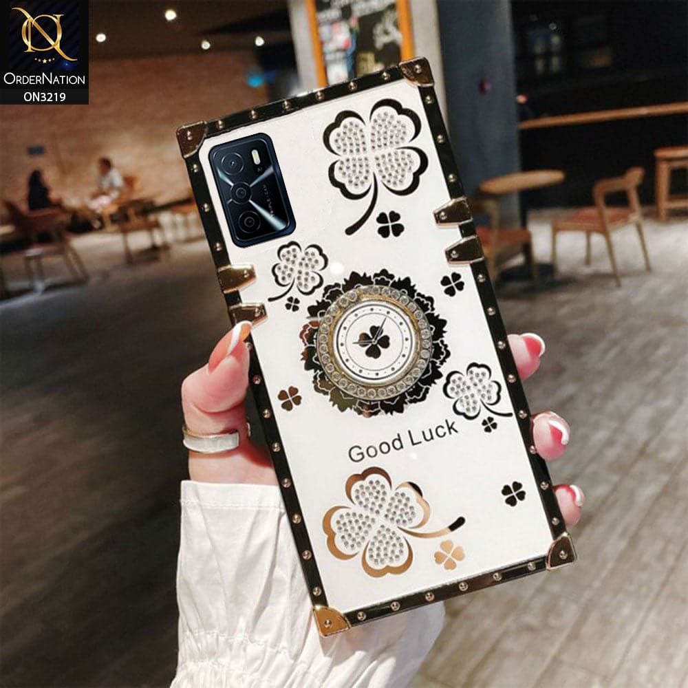 Oppo A16 Cover - Ash White - Square Bling Diamond Glitter Soft TPU Trunk Case with Ring Holder