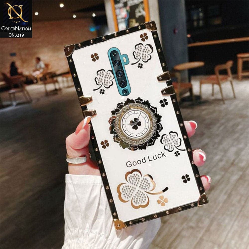 Oppo Reno 2Z Cover - Ash White - Square Bling Diamond Glitter Soft TPU Trunk Case with Ring Holder