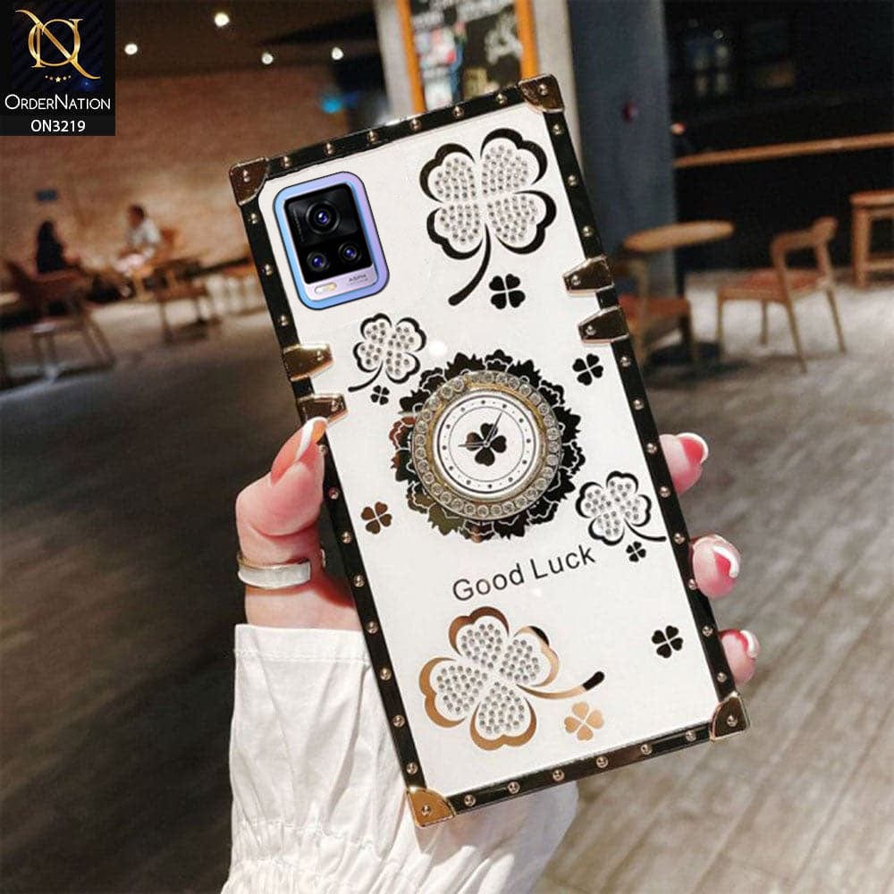 Vivo V20 Cover - Ash White - Square Bling Diamond Glitter Soft TPU Trunk Case with Ring Holder