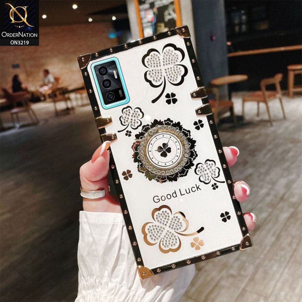 Vivo S10e Cover - Ash White - Square Bling Diamond Glitter Soft TPU Trunk Case with Ring Holder