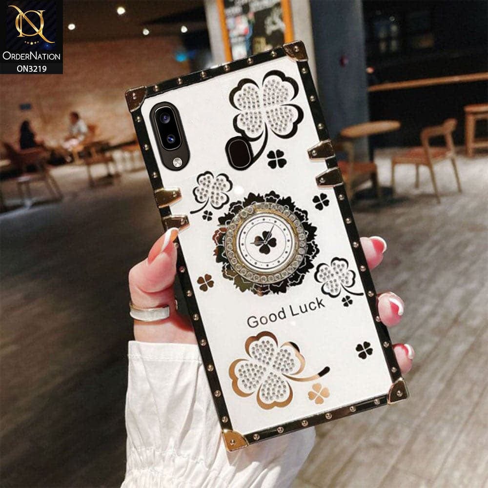 Samsung Galaxy A20 Cover - Ash White - Square Bling Diamond Glitter Soft TPU Trunk Case with Ring Holder