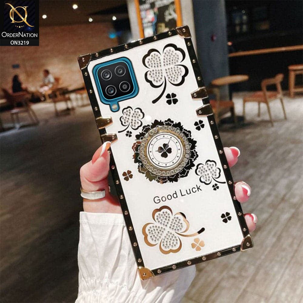 Samsung Galaxy A12 Nacho Cover - Ash White - Square Bling Diamond Glitter Soft TPU Trunk Case with Ring Holder