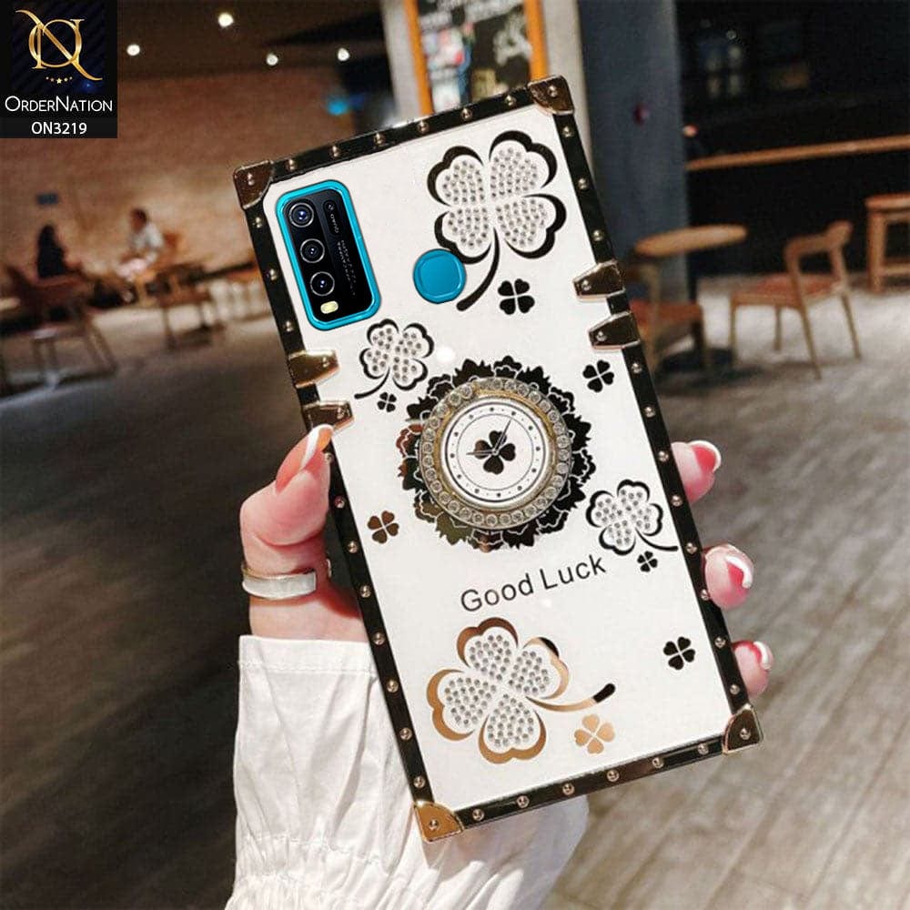Vivo Y30 Cover - Ash White - Square Bling Diamond Glitter Soft TPU Trunk Case with Ring Holder
