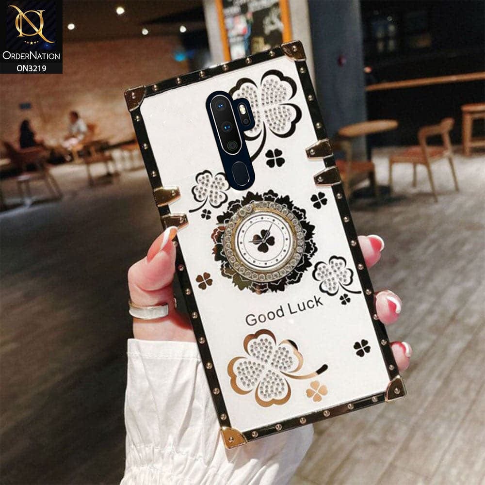 Oppo A9 2020 Cover - Ash White - Square Bling Diamond Glitter Soft TPU Trunk Case with Ring Holder