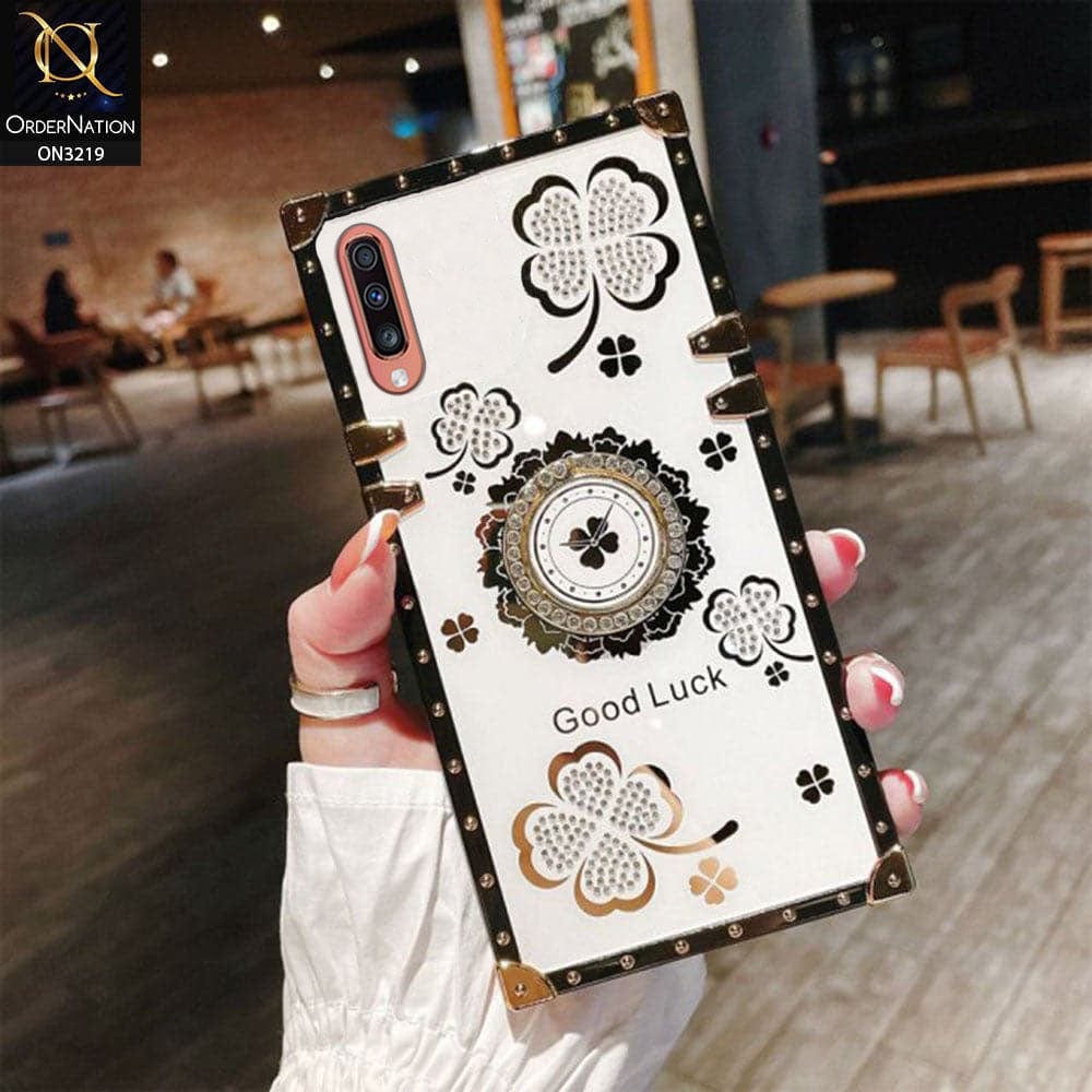 Samsung Galaxy A70s Cover - Ash White - Square Bling Diamond Glitter Soft TPU Trunk Case with Ring Holder