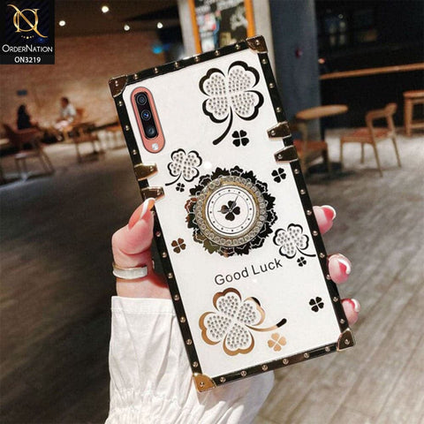 Samsung Galaxy A70s Cover - Ash White - Square Bling Diamond Glitter Soft TPU Trunk Case with Ring Holder