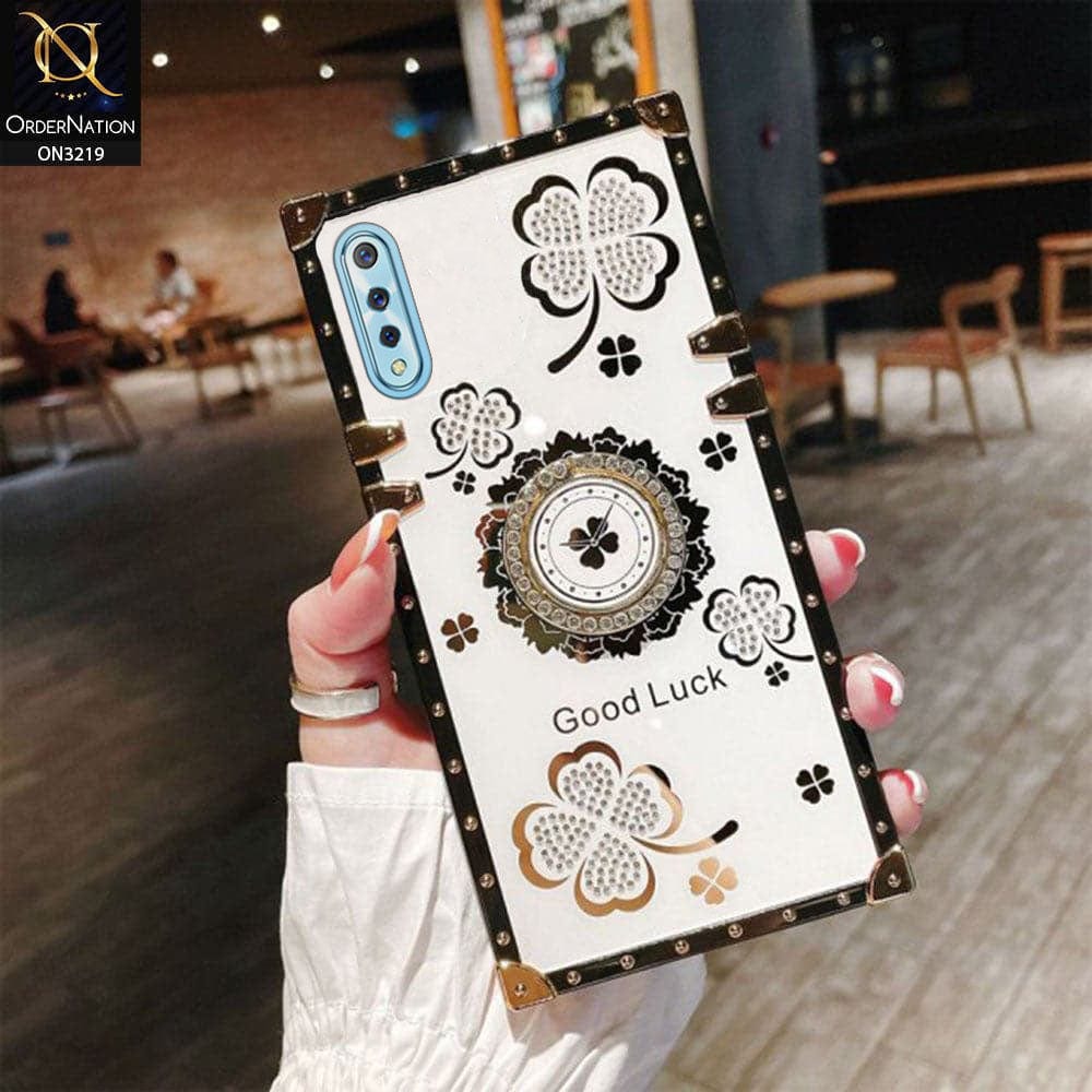 Vivo S1 Cover - Ash White - Square Bling Diamond Glitter Soft TPU Trunk Case with Ring Holder