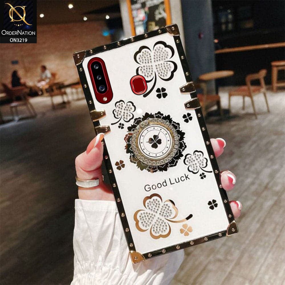 Samsung Galaxy A20s Cover - Ash White - Square Bling Diamond Glitter Soft TPU Trunk Case with Ring Holder