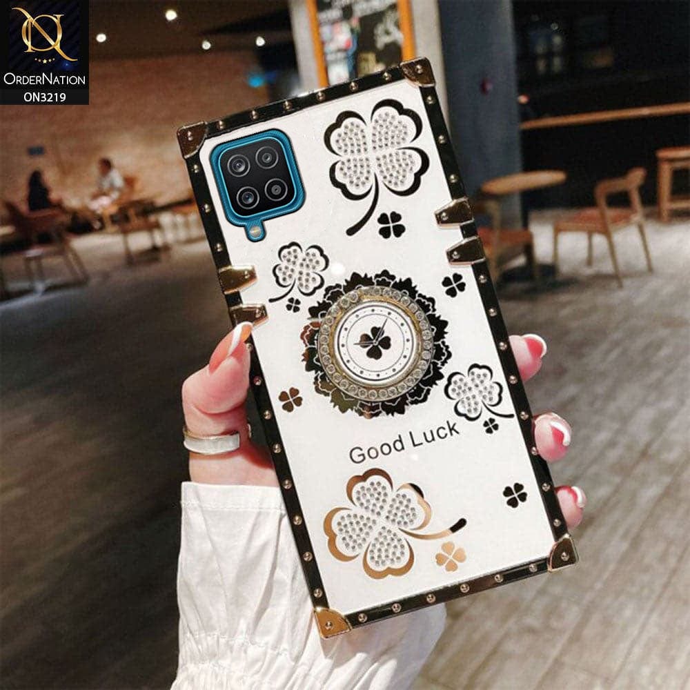 Samsung Galaxy M22 Cover - Ash White - Square Bling Diamond Glitter Soft TPU Trunk Case with Ring Holder