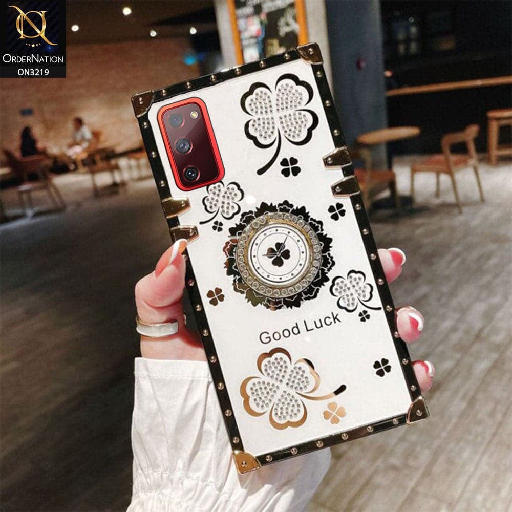 Samsung Galaxy S20 FE Cover - Ash White - Square Bling Diamond Glitter Soft TPU Trunk Case with Ring Holder