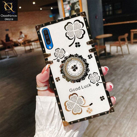 Samsung Galaxy A30s Cover - Ash White - Square Bling Diamond Glitter Soft TPU Trunk Case with Ring Holder
