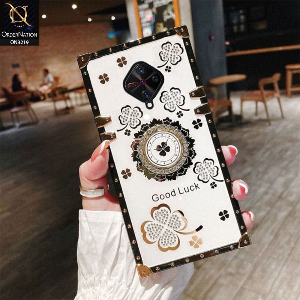 Vivo S1 Pro Cover - Ash White - Square Bling Diamond Glitter Soft TPU Trunk Case with Ring Holder