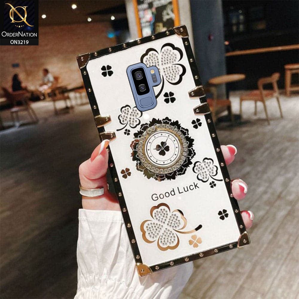 Samsung Galaxy S9 Plus Cover - Ash White - Square Bling Diamond Glitter Soft TPU Trunk Case with Ring Holder
