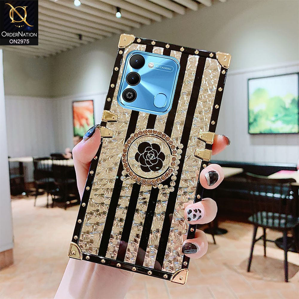 Tecno Spark 9 Cover - Design2 - 3D illusion Gold Flowers Soft Trunk Case With Ring Holder