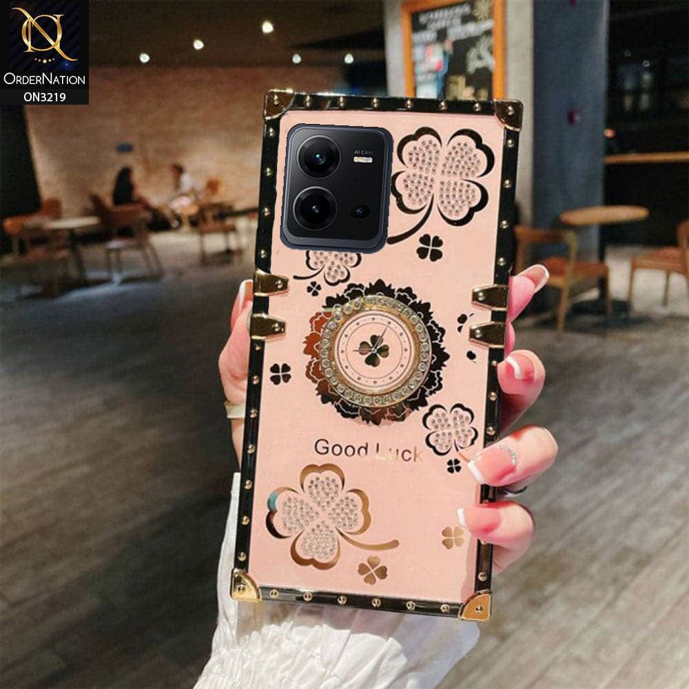 Vivo Y35 Cover - Pink - Square Bling Diamond Glitter Soft TPU Trunk Case with Ring Holder