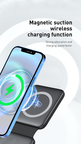Black - Recci RCW-13 - 15W Magnetic RECCI Wireless Charger 3 in 1 Detachable Folding Function