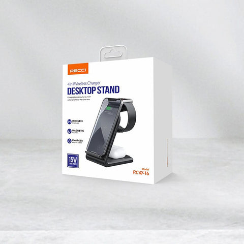 Black - Recci RCW-16 - 4 in 1 magnetic suction wireless charging & bracket 15W High Power Charger